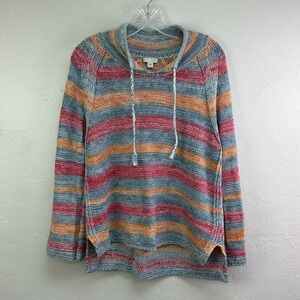 J Jill Sweater Womens Medium Multicolor Stripe Cotton Linen Hoodie Pullover